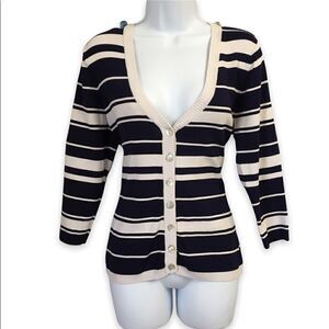 Navy and white striped stretch cardigan abalone shell buttons size medium